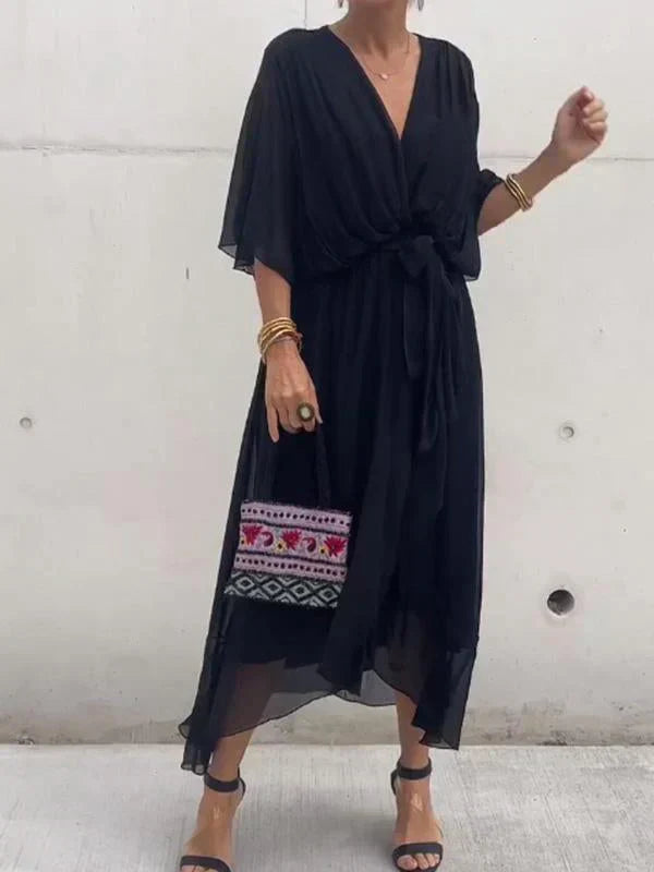 Monica™ | Vestido de Chifón de Seda con Escote en V