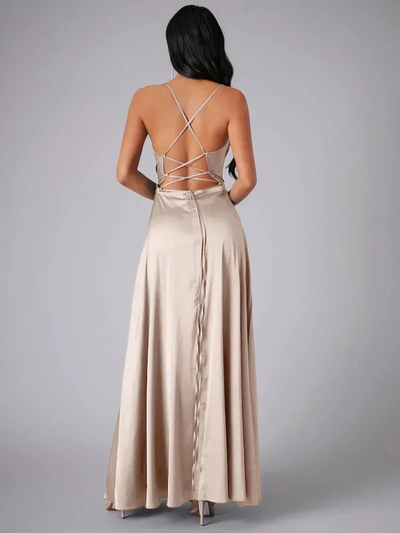 Vestido Maxi de Noche con Tirantes de Espagueti para Mujeres con Alta Rendija