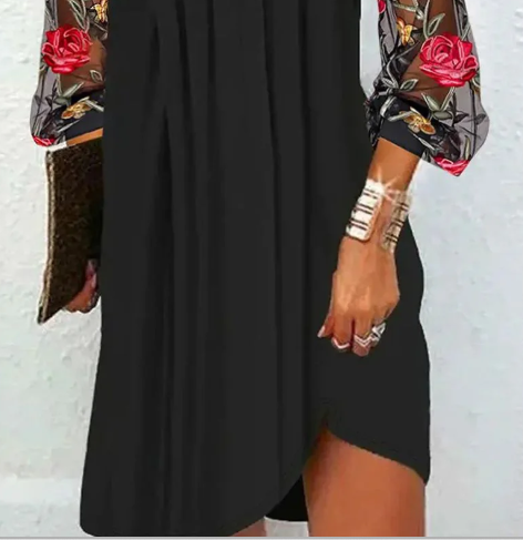 JANE – VESTIDO NEGRO ELEGANTE CON MANGAS TRANSPARENTES BORDADAS