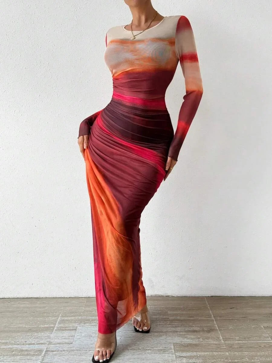 Serene - Vestido Impreso Ajustado de Manga Larga