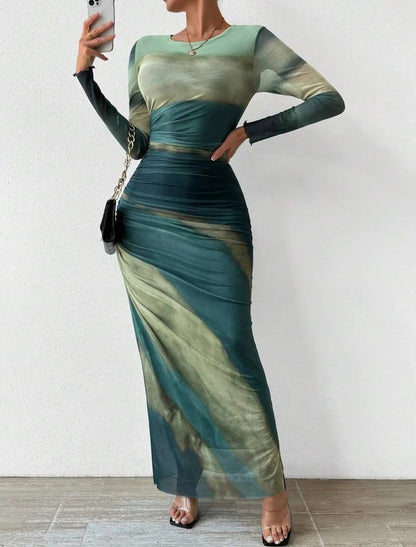 Serene - Vestido Impreso Ajustado de Manga Larga