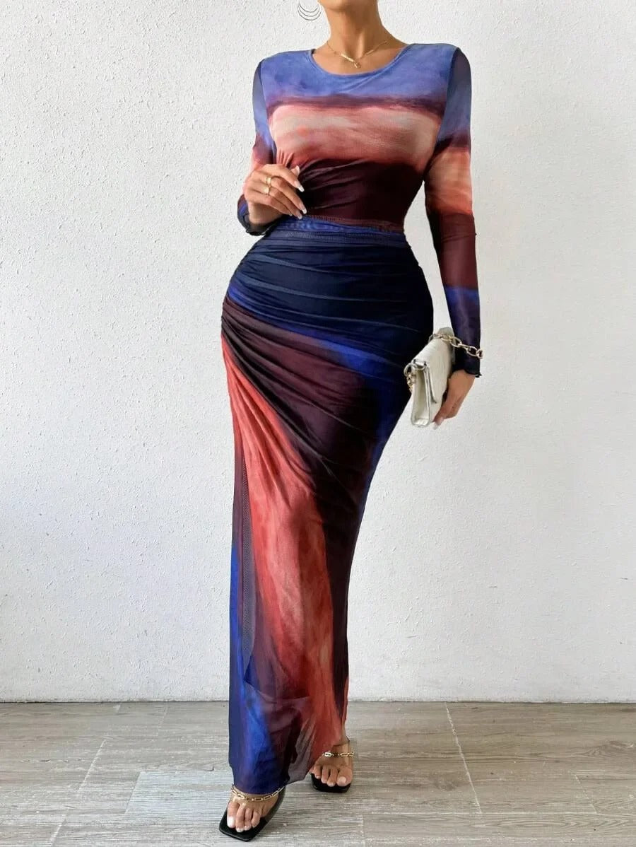 Serene - Vestido Ajustado de Manga Larga Impreso