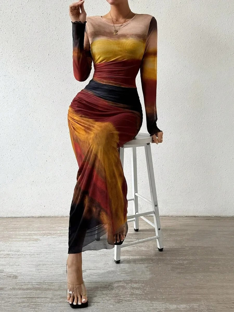 Serene - Vestido Impreso Ajustado de Manga Larga