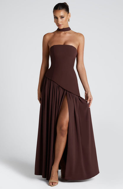 Vestido Maxi Sin Tirantes para Mujer con Abertura Alta y Cintura Asimétrica