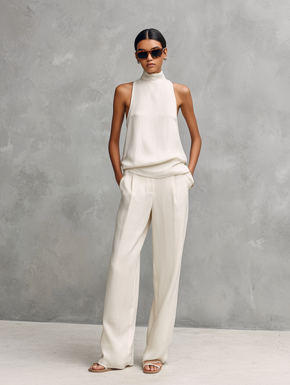Conjunto de Top Sin Mangas y Pantalones Elegantes de Algodón y Lino Negro para Mujer
