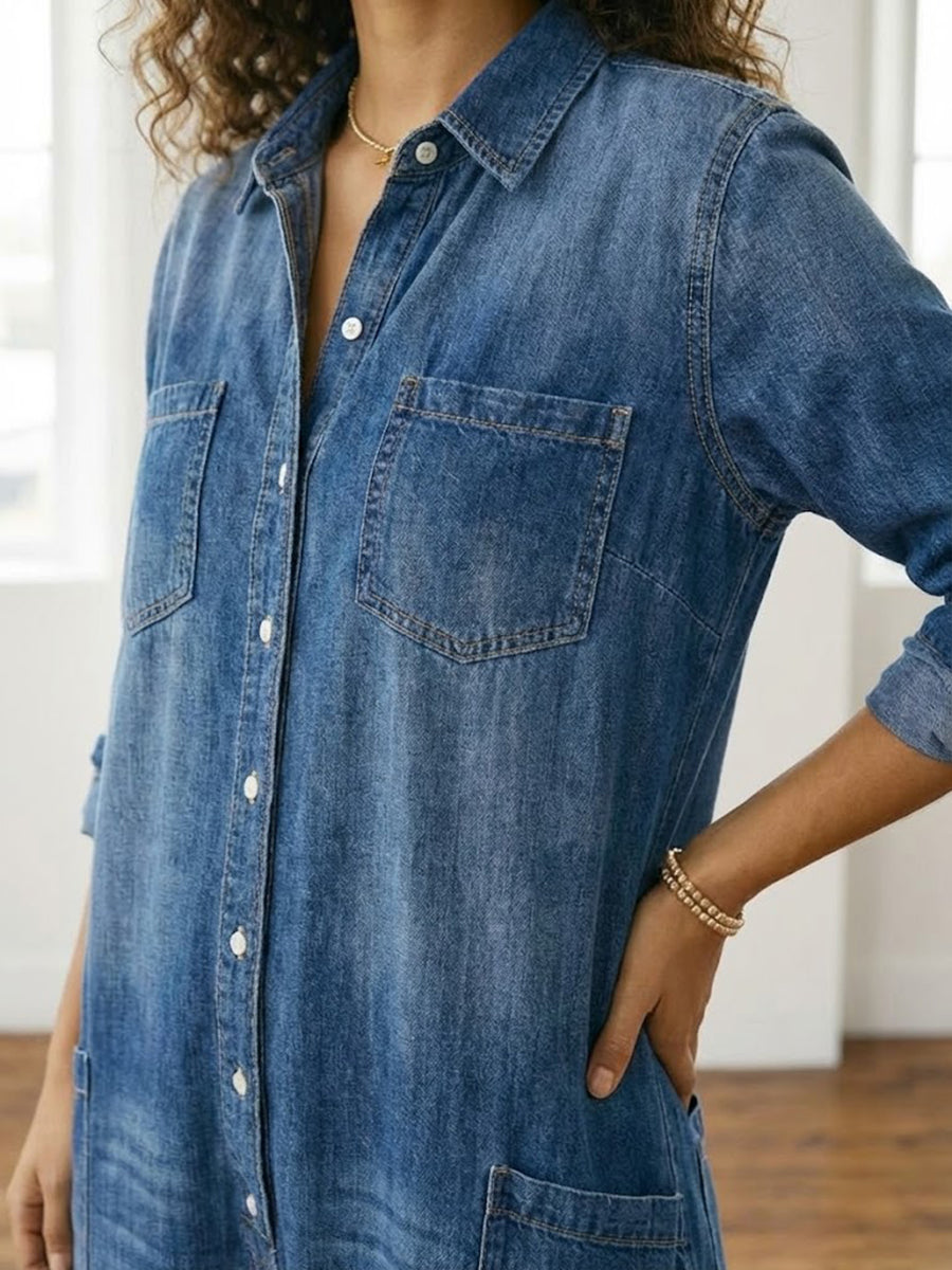 Saylor - Pantalón de Tirantes de Denim de Algodón Lavado Vintage con Cierre de Botón