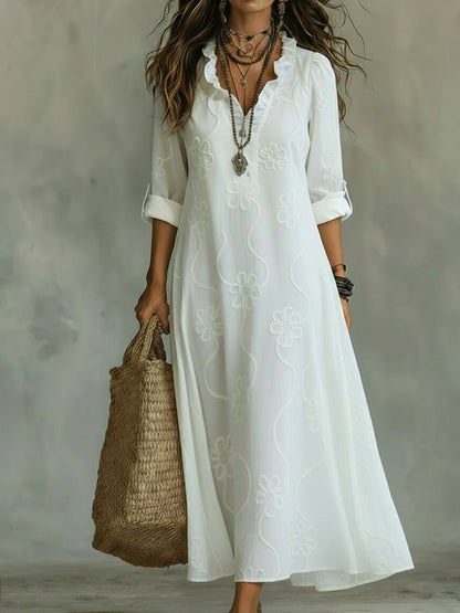 Lilou | Vestido retro de corte trapezoidal con flores y cuello con volantes