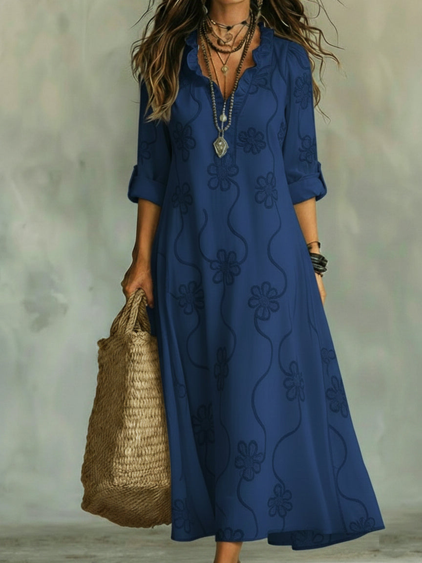 Lilou | Vestido retro de corte trapezoidal con flores y cuello con volantes