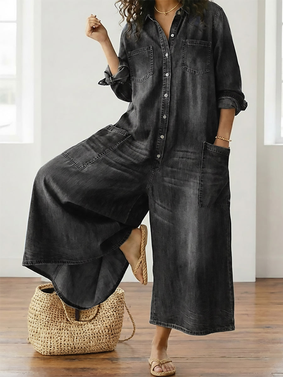 Saylor - Pantalón de Tirantes de Denim de Algodón Lavado Vintage con Cierre de Botón