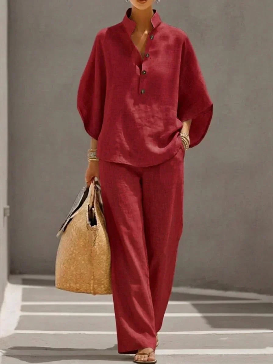 Maribel | Conjunto de lino con mangas de murciélago y pantalones anchos