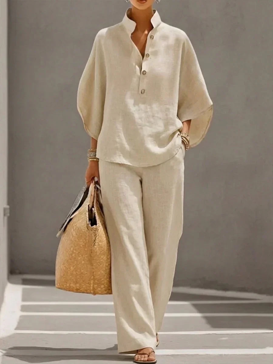 Maribel | Conjunto de lino con mangas de murciélago y pantalones anchos