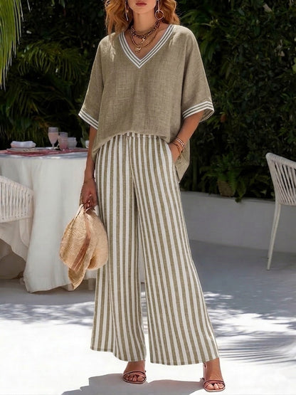Amélia | Conjunto Elegante y Casual de Lino y Algodón con Rayas