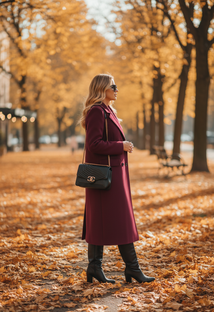 Abrigo Stephanie – Elegante chaqueta de invierno larga color burdeos.