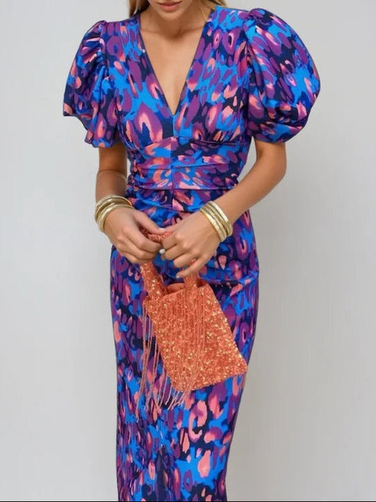 Robe Midi Elegante con Mangas Voluminosas