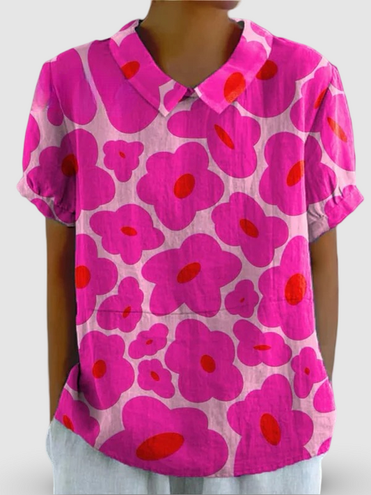 Odessa | Camisa Casual de Algodón para Mujer con Estampado Floral Rosa Vibrante
