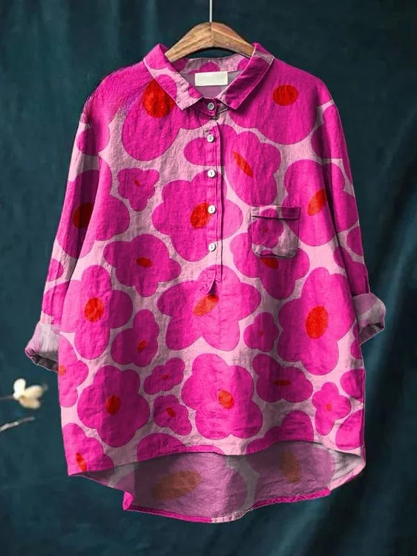Odessa | Camisa Casual de Algodón para Mujer con Estampado Floral Rosa Vibrante