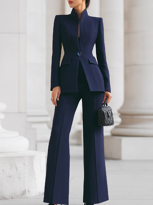 Traje Azul Marino con Blazer de Cuello Alto y Pantalones de Pierna Ancha