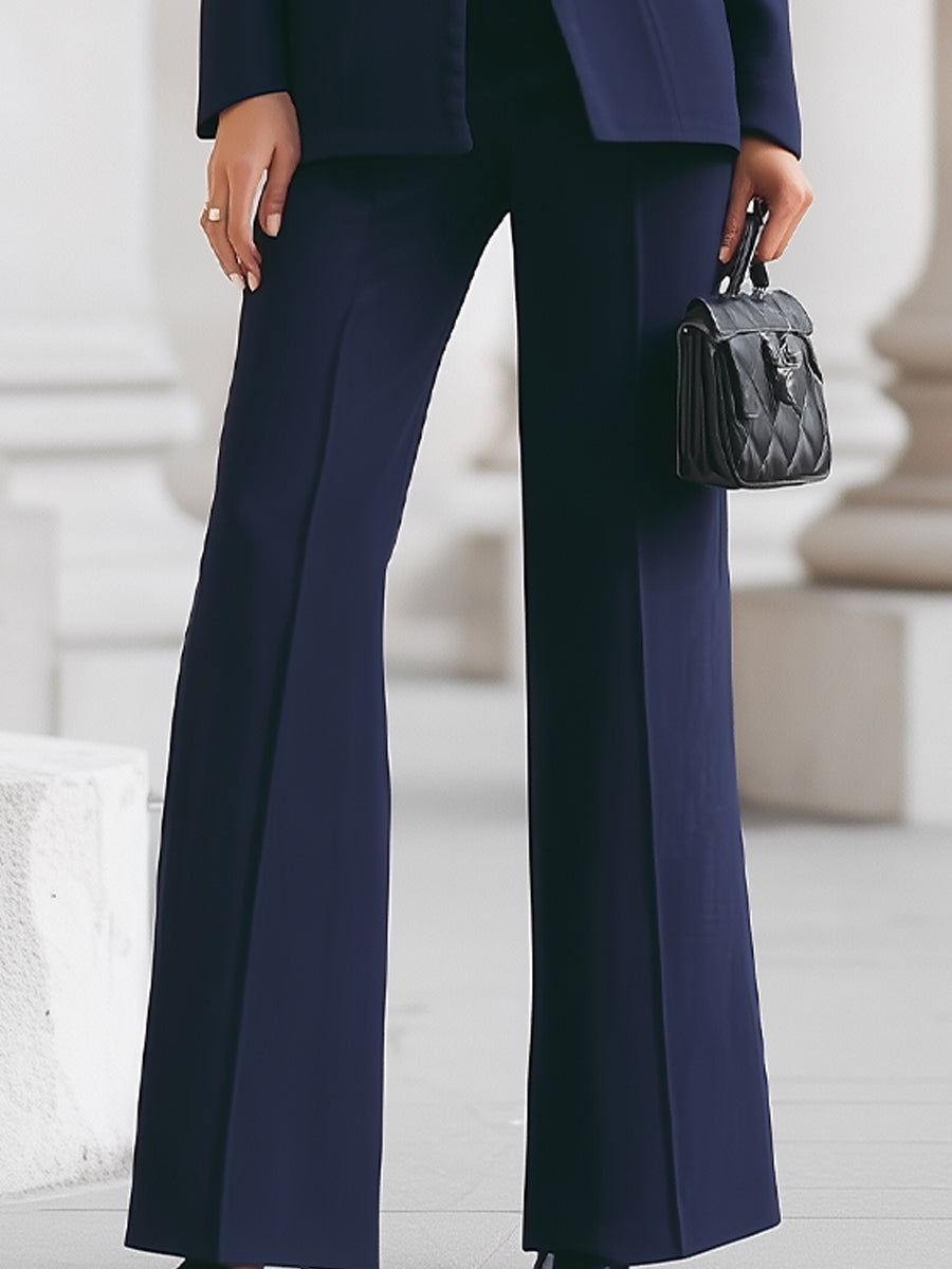 Traje Azul Marino con Blazer de Cuello Alto y Pantalones de Pierna Ancha