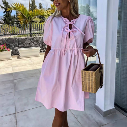 Vestido Mini de Mujer con Mangas Abullonadas y Detalle de Lazo Frontal