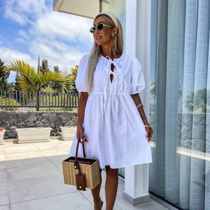 Vestido Mini de Mujer con Mangas Abullonadas y Detalle de Lazo Frontal