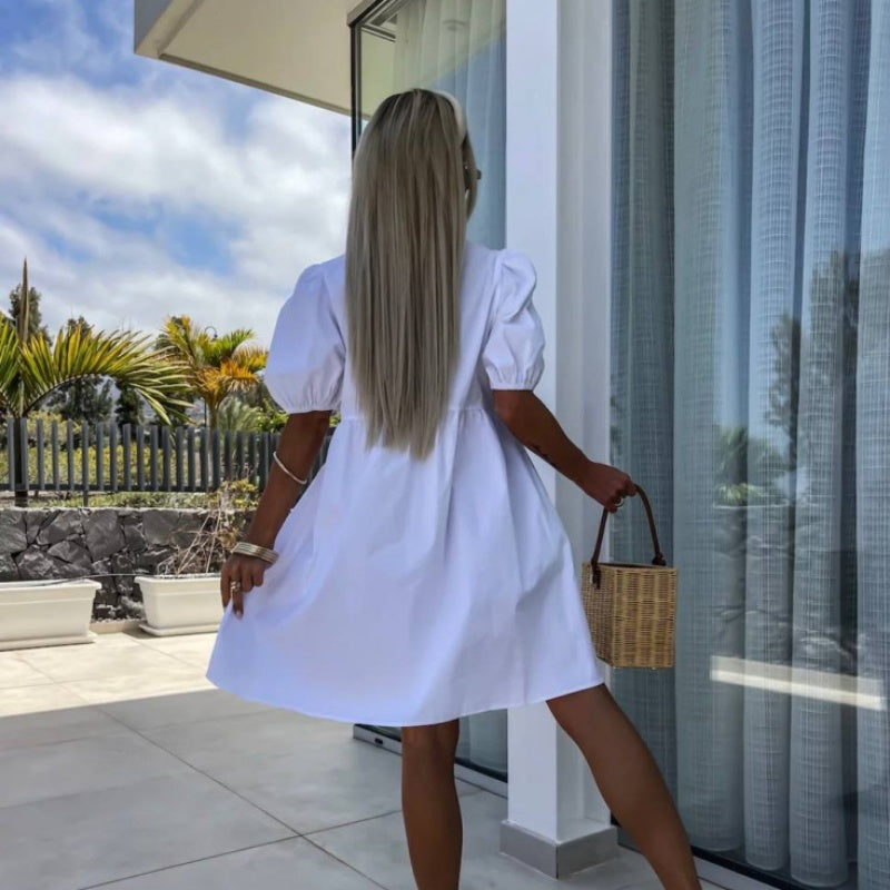 Vestido Mini de Mujer con Mangas Abullonadas y Detalle de Lazo Frontal
