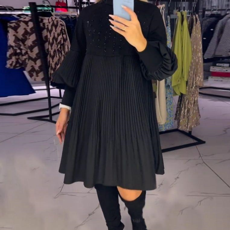 Marlene | Vestido Talla Grande con Cuello Alto y Mangas de Linterna