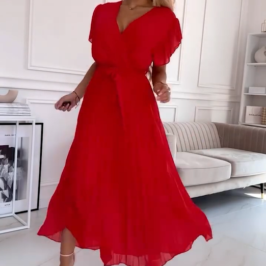 AMANDA - VESTIDO MAXI PLEAT ELEGANTE CON ESCOTE EN V