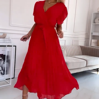 AMANDA - VESTIDO MAXI PLEAT ELEGANTE CON ESCOTE EN V