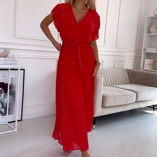 AMANDA - VESTIDO MAXI PLEAT ELEGANTE CON ESCOTE EN V