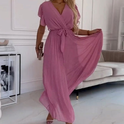 AMANDA - VESTIDO MAXI PLEAT ELEGANTE CON ESCOTE EN V