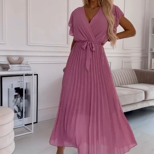 AMANDA - VESTIDO MAXI PLEAT ELEGANTE CON ESCOTE EN V