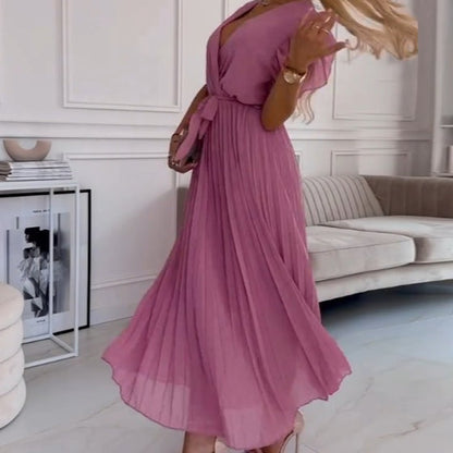 AMANDA - VESTIDO MAXI PLEAT ELEGANTE CON ESCOTE EN V