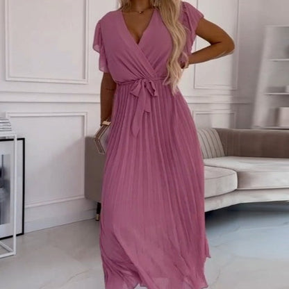AMANDA - VESTIDO MAXI PLEAT ELEGANTE CON ESCOTE EN V