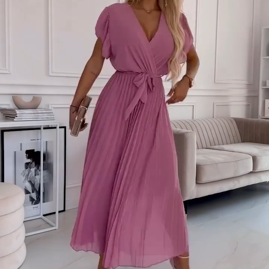AMANDA - VESTIDO MAXI PLEAT ELEGANTE CON ESCOTE EN V