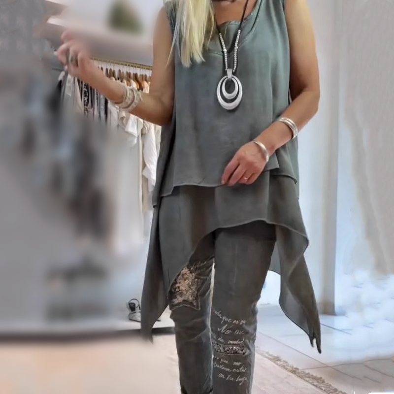 Ora - Conjunto de Dama de Dos Piezas: Top Sin Mangas y Pantalones Estampados