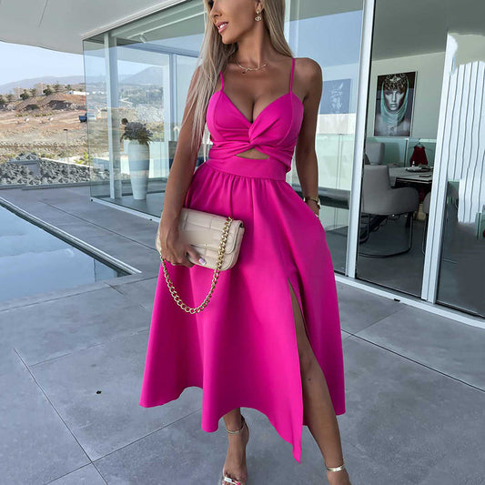 Célestine - Vestido Midi con Tirantes de Espagueti y Gran Abertura