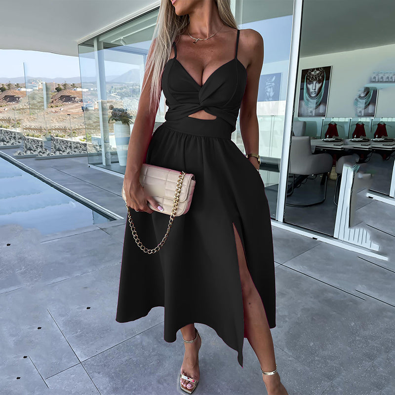 Célestine - Vestido Midi con Tirantes de Espagueti y Gran Abertura