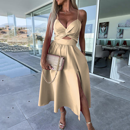 Célestine - Vestido Midi con Tirantes de Espagueti y Gran Abertura