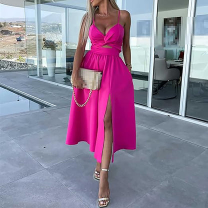Célestine - Vestido Midi con Tirantes de Espagueti y Gran Abertura
