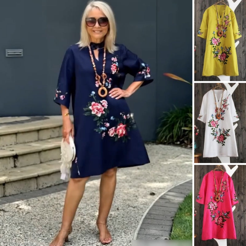 Haven – Vestido Bordado Floral con Escote en V Suelto