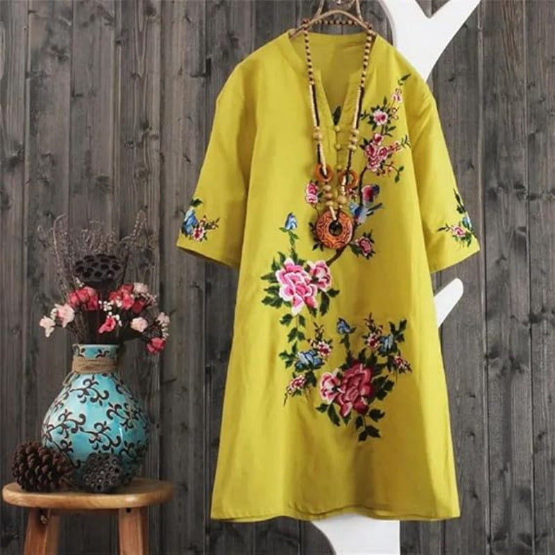 Haven – Vestido Bordado Floral con Escote en V Suelto