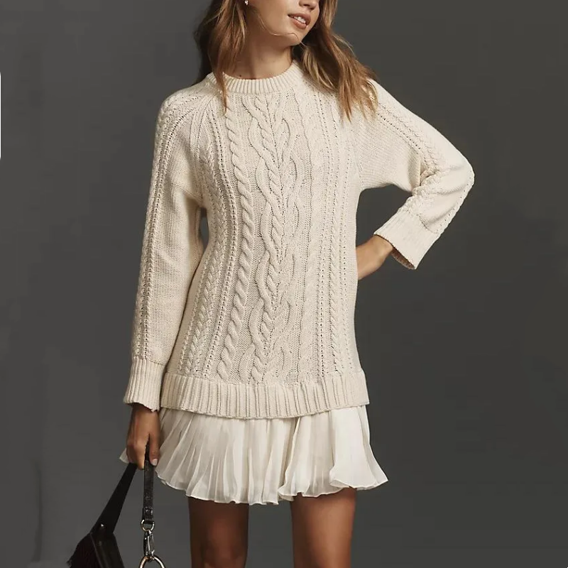 El Vestido A-Line de Punto Cableado - El Vestido de Suéter Halagador