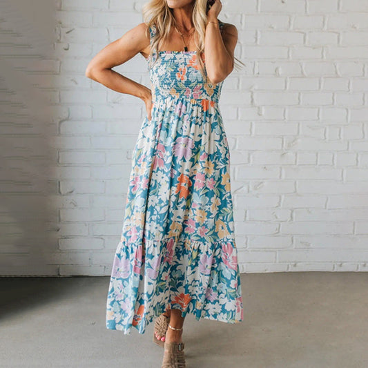 Vestido Maxi Floral con Cuerpo Fruncido y Tirantes Ajustables