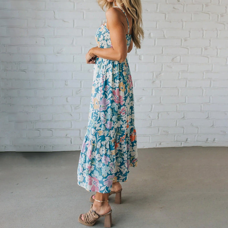 Vestido Maxi Floral con Cuerpo Fruncido y Tirantes Ajustables