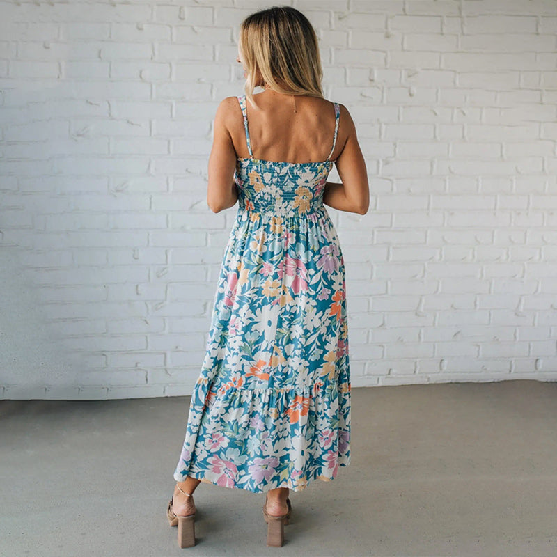 Vestido Maxi Floral con Cuerpo Fruncido y Tirantes Ajustables