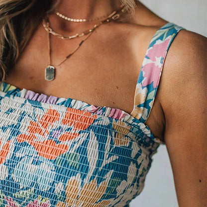 Vestido Maxi Floral con Cuerpo Fruncido y Tirantes Ajustables