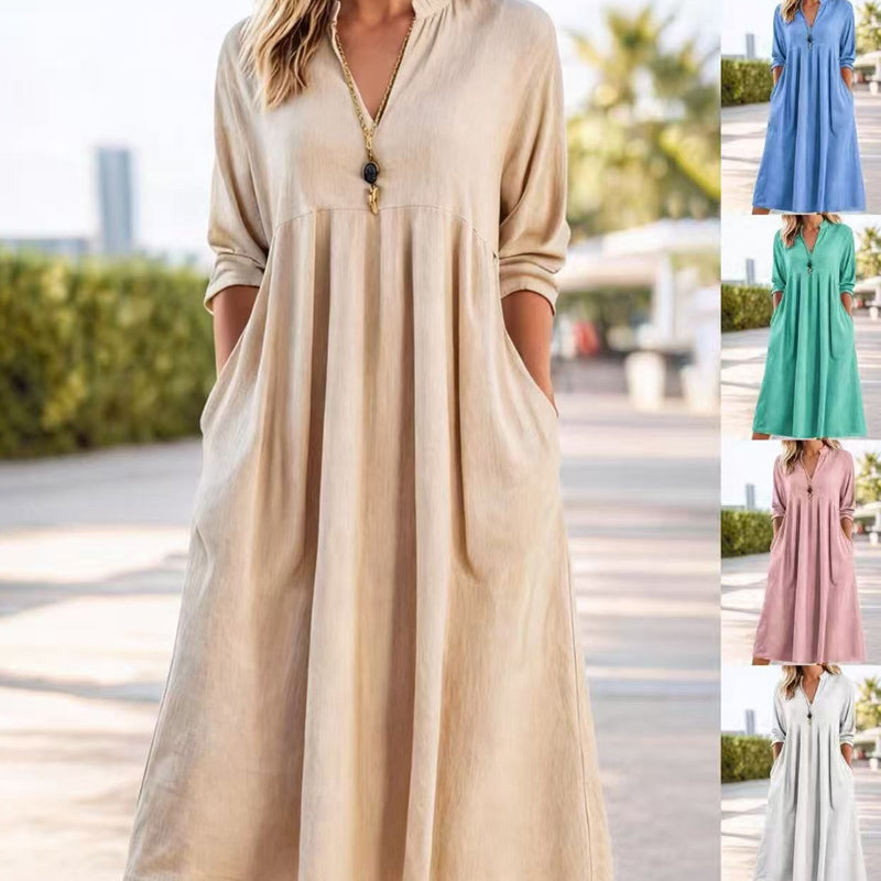 Vestido Midi Fluido con Cintura Imperio y Escote en V – Elegancia Refinada
