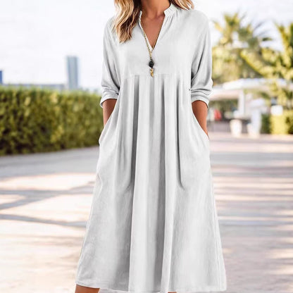 Vestido Midi Fluido con Cintura Imperio y Escote en V – Elegancia Refinada
