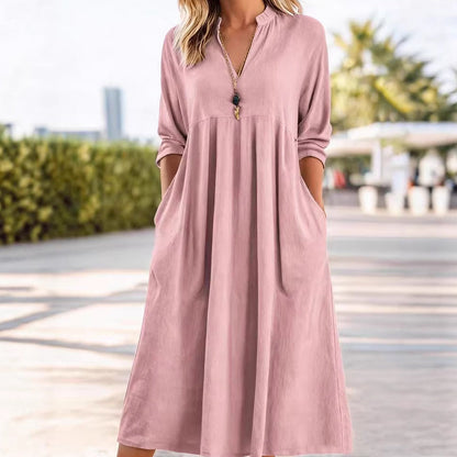 Vestido Midi Fluido con Cintura Imperio y Escote en V – Elegancia Refinada