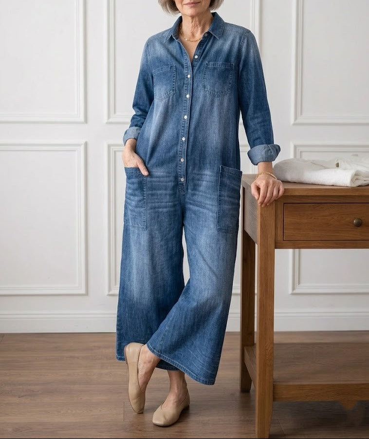 Saylor - Pantalón de Tirantes de Denim de Algodón Lavado Vintage con Cierre de Botón